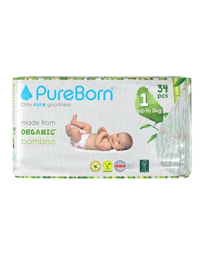 PUREBORN Organic Bamboo Size 1 Diapers Upto 5 Kgs 34 Count